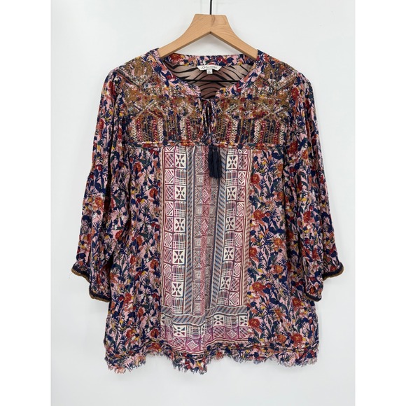 John Mark Shirt Womens Large Pink Blue Floral Boho Peasant Top Cottage - Picture 1 of 9